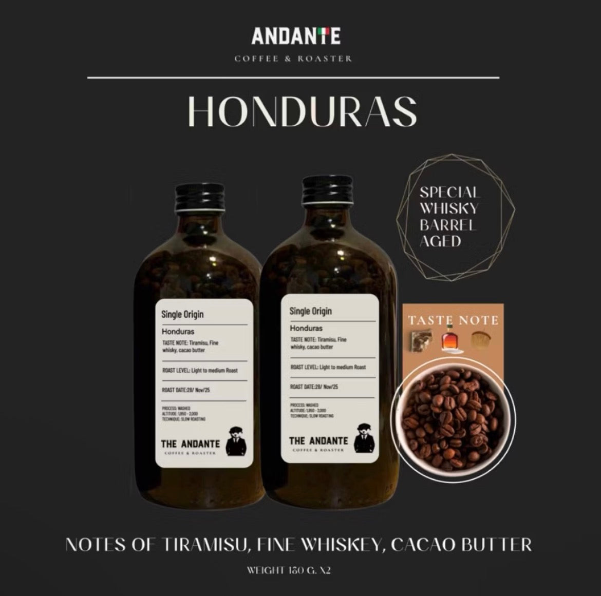 Roasted coffee bean in duo bottle pack 150 g. x2